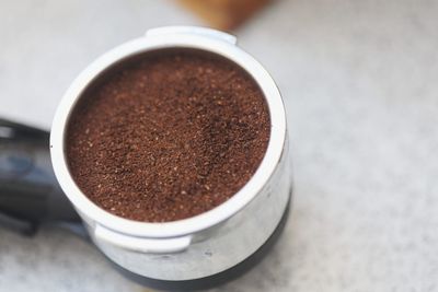 Close-up of coffee in metal cup