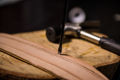 Close-up of equipment on wood