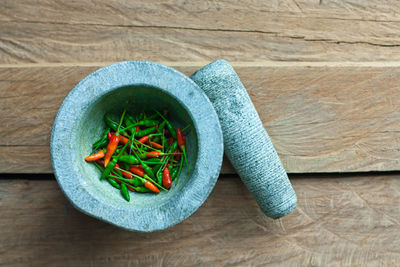 High angle view of vegetables in bowl on table