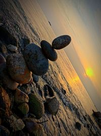 Pebbles on rock at beach against sky during sunset