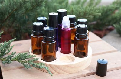 High angle view of bottles on table