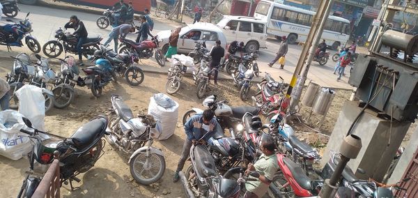 High angle view of people on street in city