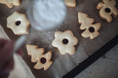 High angle view of baking sheet with cookies