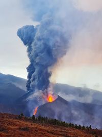 Scenic view of volcanic mountain against sky