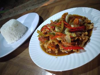 High angle view of food served in plate