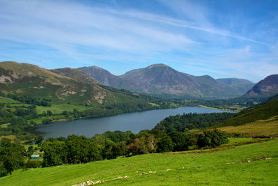 Scenic view of lake and mountains against sky