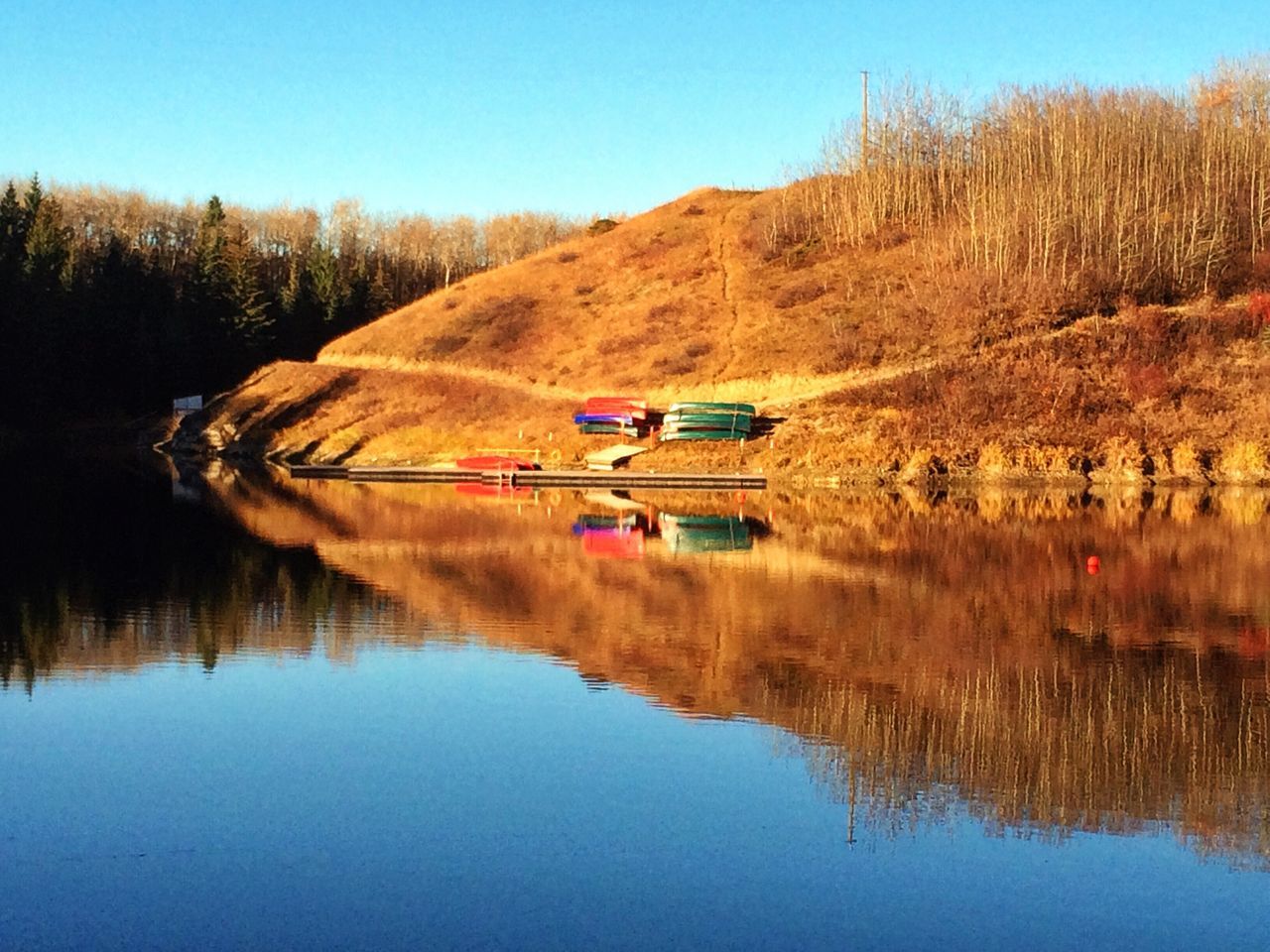 water, lake, reflection, transportation, tranquil scene, waterfront, tranquility, nautical vessel, tree, boat, clear sky, mode of transport, scenics, nature, beauty in nature, blue, river, calm, day, non-urban scene