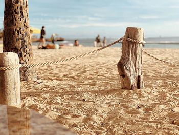 Wooden posts on beach