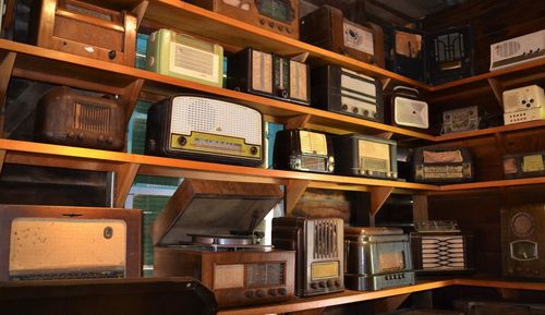 Full frame shot of vintage radios 
