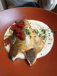 High angle view of food served in plate