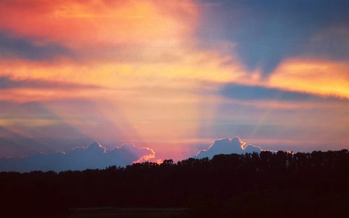 Silhouette trees against dramatic sky during sunset