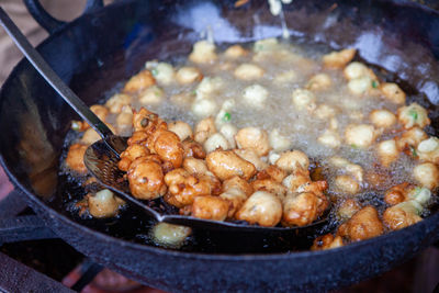 High angle view of meat in cooking pan