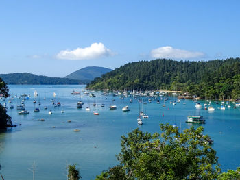 Scenic view of bay against sky