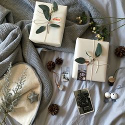 Christmas presents on bed