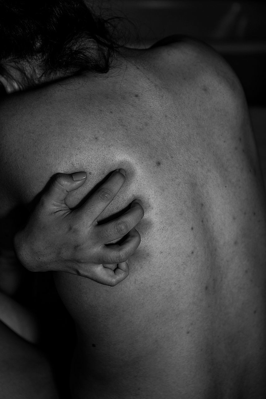 black and white, close-up, adult, one person, black, monochrome photography, arm, indoors, women, monochrome, person, human face, emotion, human skin, skin, hand, young adult, pain, lifestyles, relaxation, female, midsection, human head, sadness, back