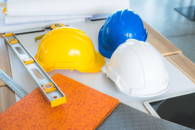 High angle view of hat on table