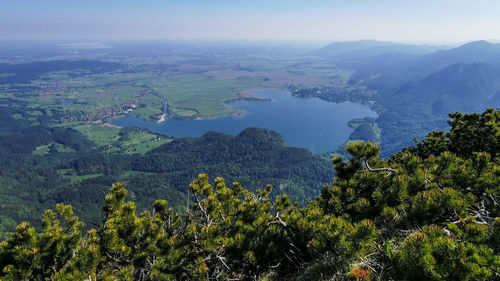 Panoramic view down from mountain herzogstand to lake kochelsee, bavaria, germany 