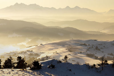 Scenic view of snow covered mountains against sky