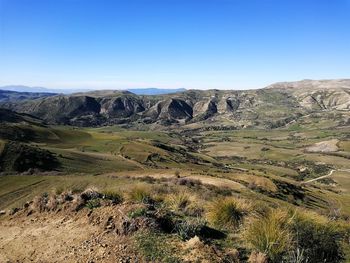 Scenic view of landscape against clear blue sky