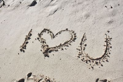 High angle view of text on sand at beach