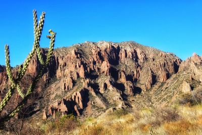 Low angle view of rock formation against clear blue sky