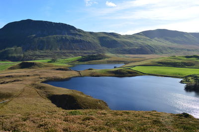 Scenic view of lake and mountains against sky