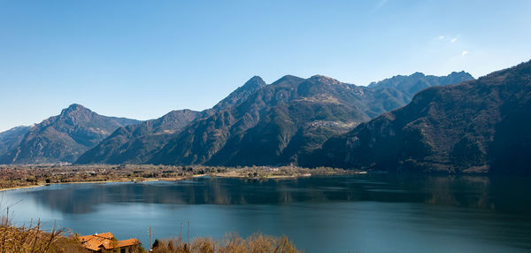 Scenic view of lake and mountains against clear sky