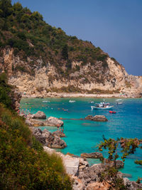 Scenic view of bay against clear blue sky