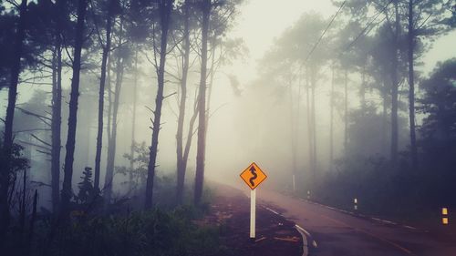 Road sign by trees against sky