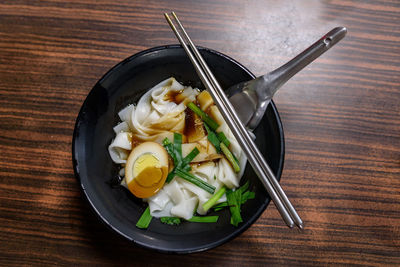 High angle view of food in bowl on table