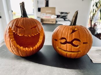 Close-up of jack o lantern on table