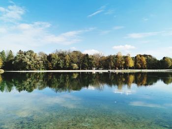 Scenic view of lake by trees against sky