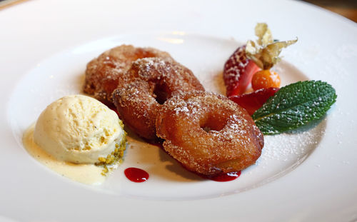 High angle view of dessert in plate on table