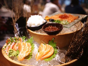 Close-up of fish served in bowl on table