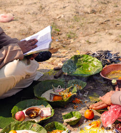 High angle view of hand holding food