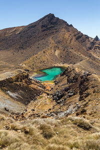 Aerial view of volcanic landscape against clear sky