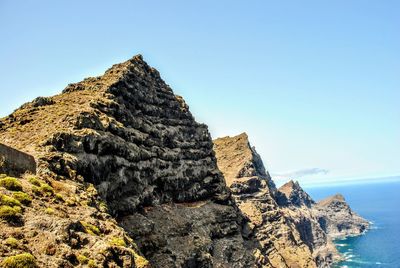 Rock formation by sea against clear blue sky