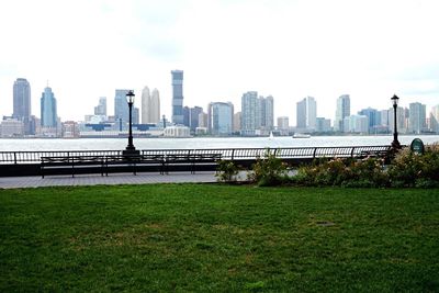 City skyline with river in background