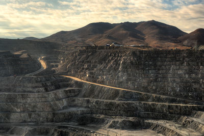 View from above of the pit of an open-pit copper mine in chile