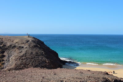 Scenic view of sea against clear blue sky