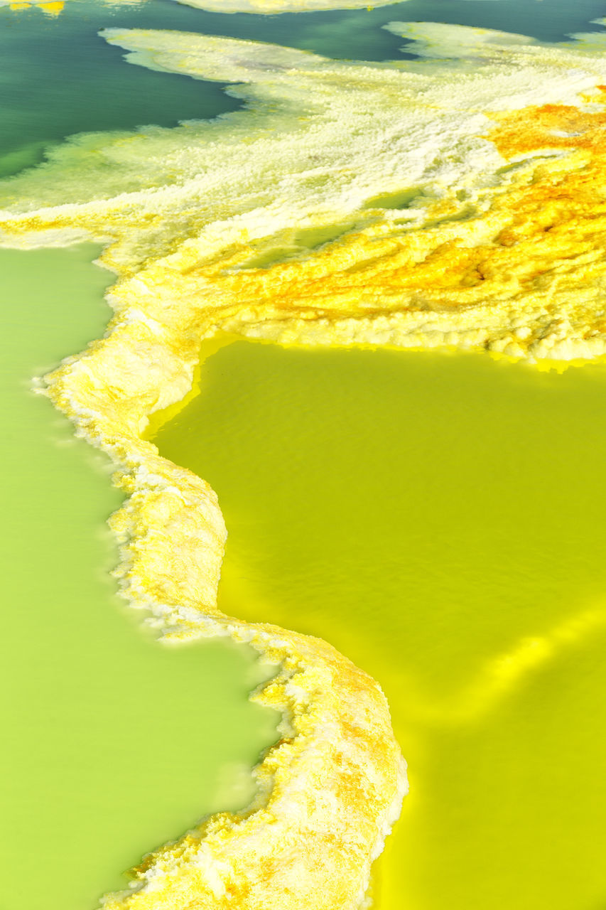 HIGH ANGLE VIEW OF YELLOW WATER ON SHORE