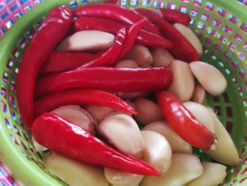 Close-up of red chili peppers in bowl