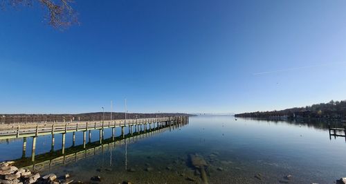 Scenic view of lake against clear blue sky