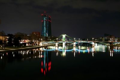Reflection of illuminated buildings in water at night