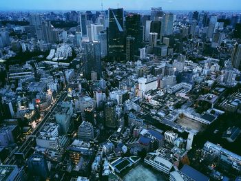 High angle view of modern buildings in city