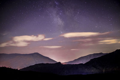 Scenic view of silhouette mountains against sky at night