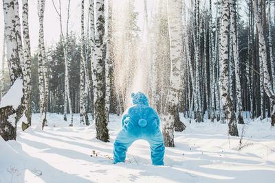 Rear view of man wearing costume standing against trees on snowy field in winter