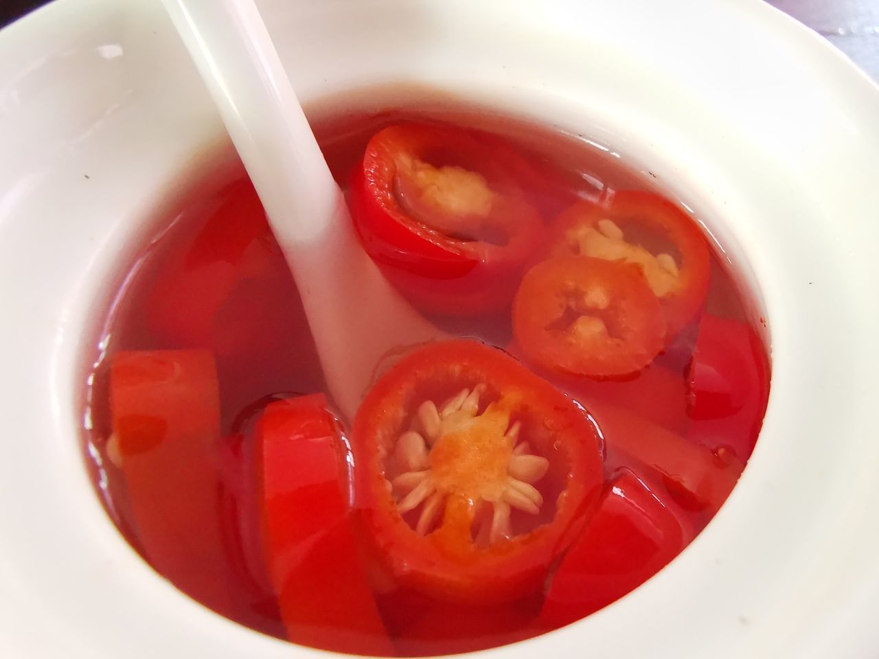 HIGH ANGLE VIEW OF RED BOWL