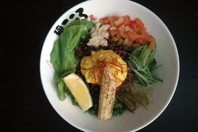 High angle view of vegetable ramen in bowl