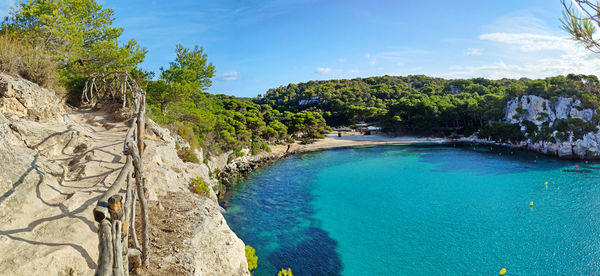 Panoramic view of cala macarella beach, menorca, spain